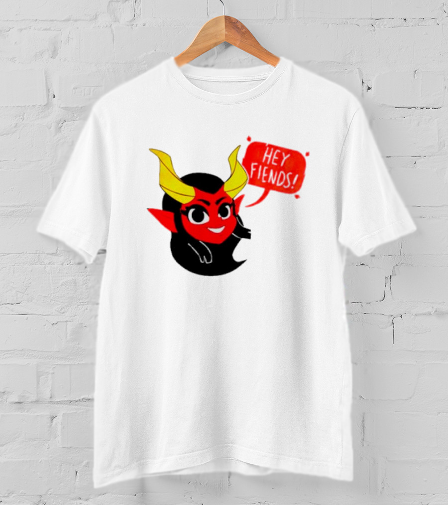 Ginnydi Hey Fiends Demon Cartoon Character With Red Face Yellow Horns And Black Hair T-Shirt
