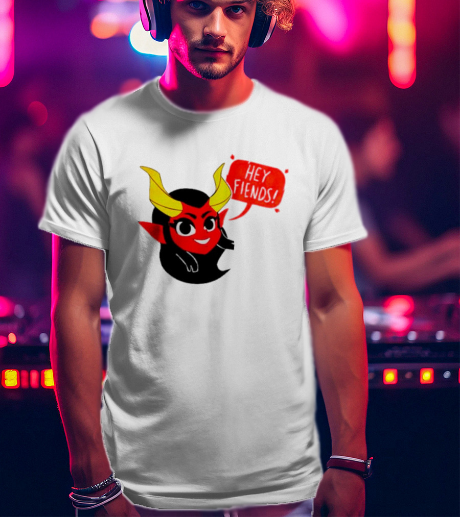 Ginnydi Hey Fiends Demon Cartoon Character With Red Face Yellow Horns And Black Hair T-Shirt