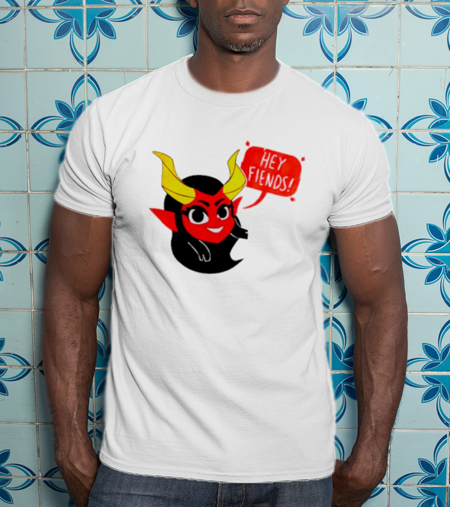 Ginnydi Hey Fiends Demon Cartoon Character With Red Face Yellow Horns And Black Hair T-Shirt