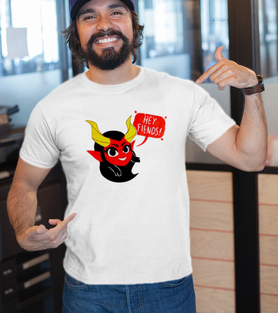 Ginnydi Hey Fiends Demon Cartoon Character With Red Face Yellow Horns And Black Hair T-Shirt