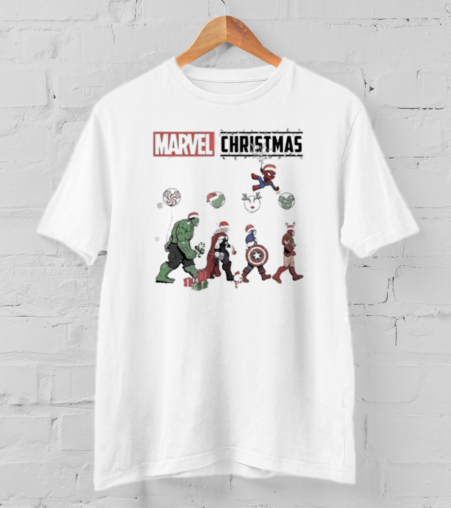 Marvel Christmas Superhero Characters In Santa Hats T-Shirt