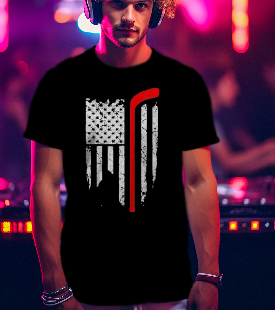 Hockey Stick American Flag Stars Stripes T-Shirt