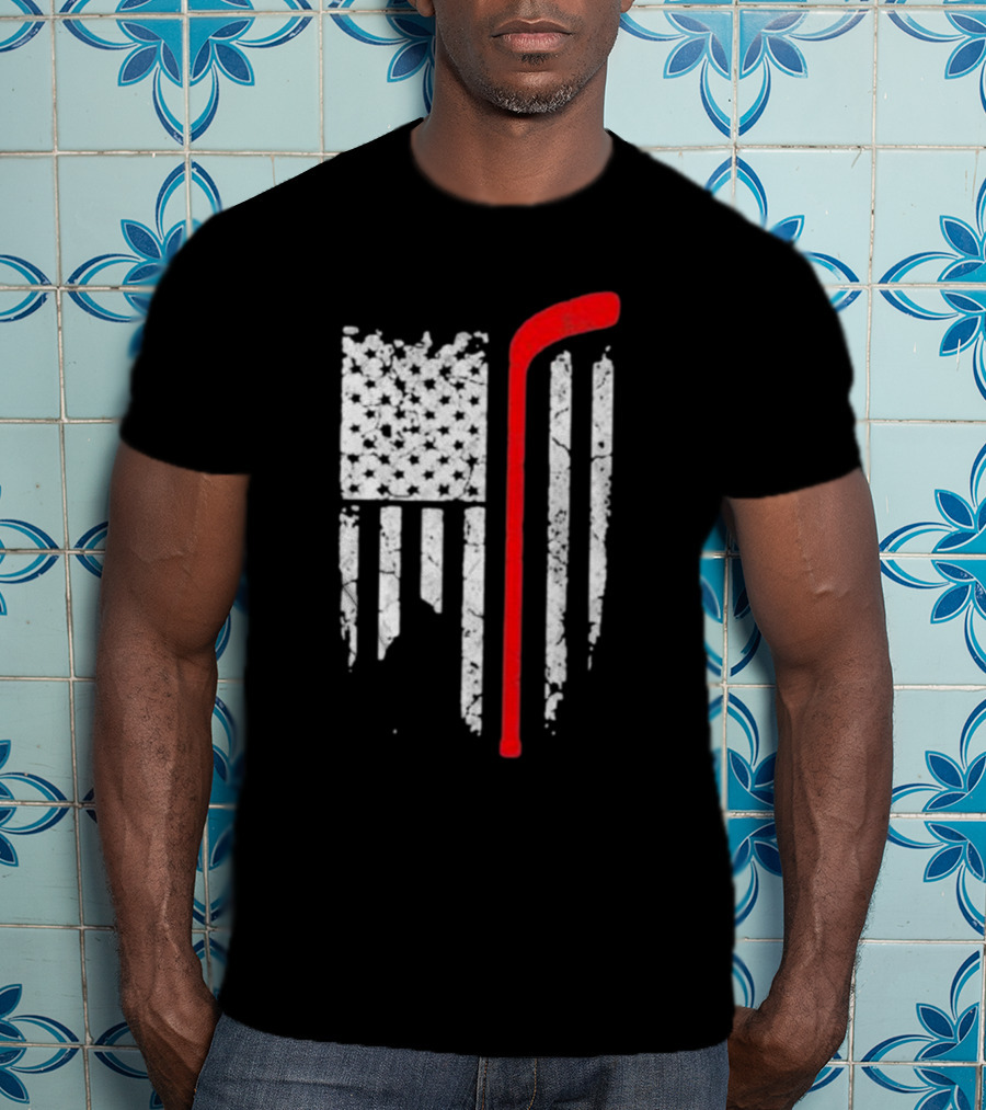 Hockey Stick American Flag Stars Stripes T-Shirt