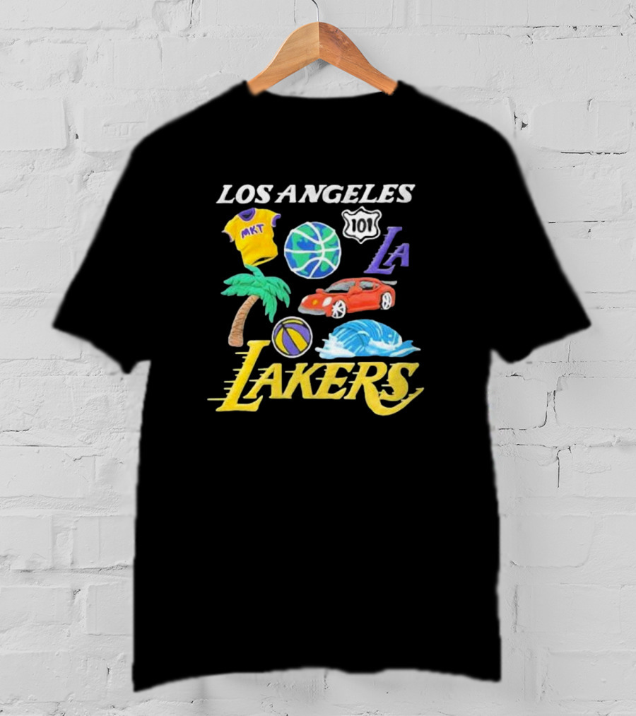 Los Angeles Lakers NBA MKT 101 Claymation LA Basketball Car Palm Wave T-Shirt