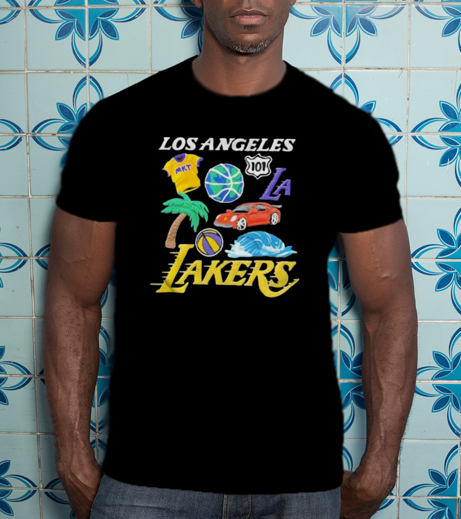 Los Angeles Lakers NBA MKT 101 Claymation LA Basketball Car Palm Wave T-Shirt
