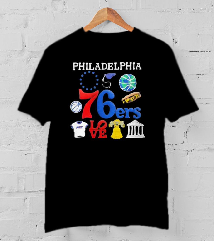 Philadelphia 76ers NBA Market Claymation Love Basketball Hotdog Liberty Bell Federal Building T-Shirt