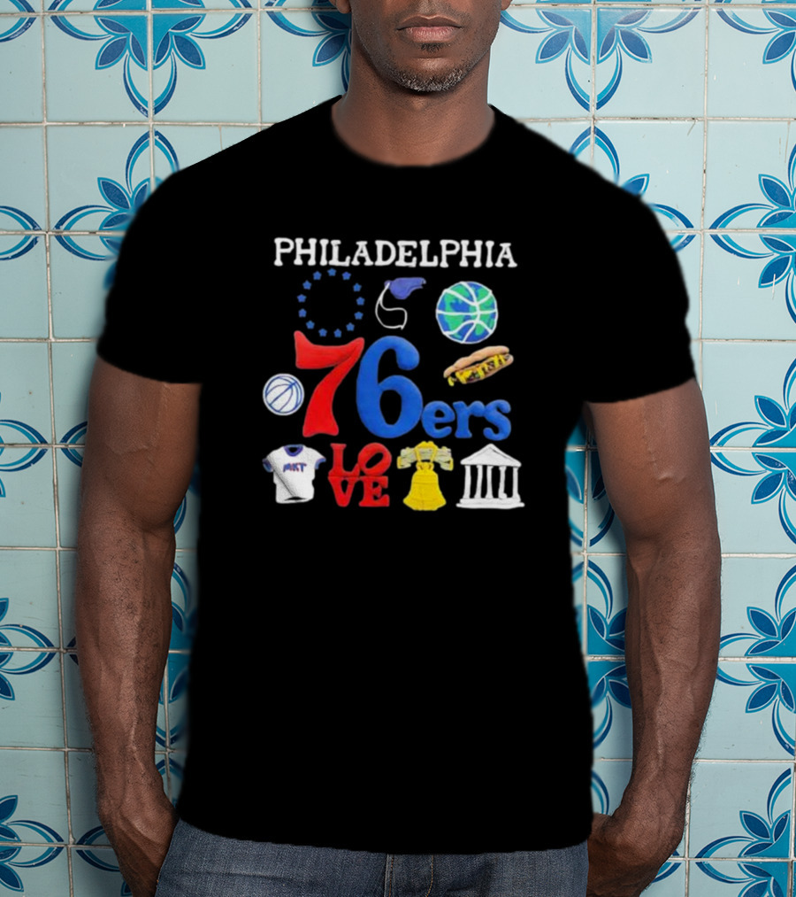 Philadelphia 76ers NBA Market Claymation Love Basketball Hotdog Liberty Bell Federal Building T-Shirt