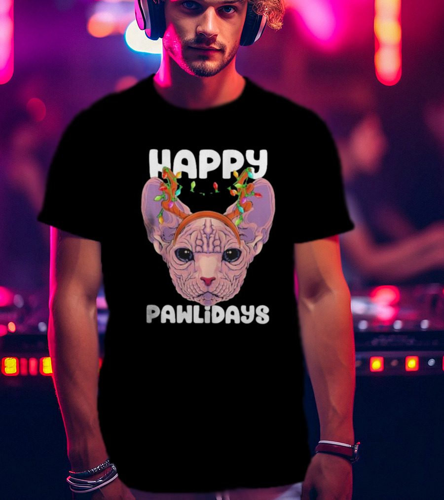 Happy Pawlidays Sphynx Cat With Christmas Lights T-Shirt