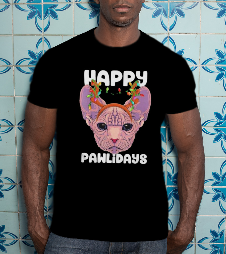 Happy Pawlidays Sphynx Cat With Christmas Lights T-Shirt