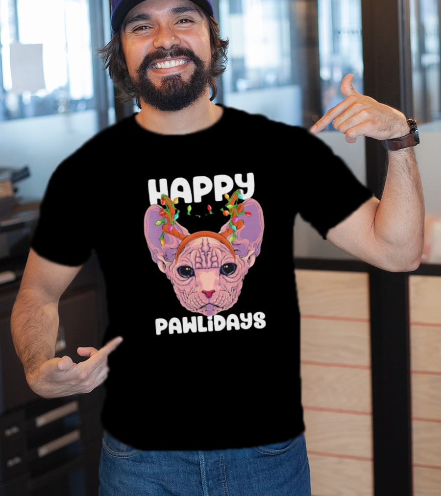 Happy Pawlidays Sphynx Cat With Christmas Lights T-Shirt