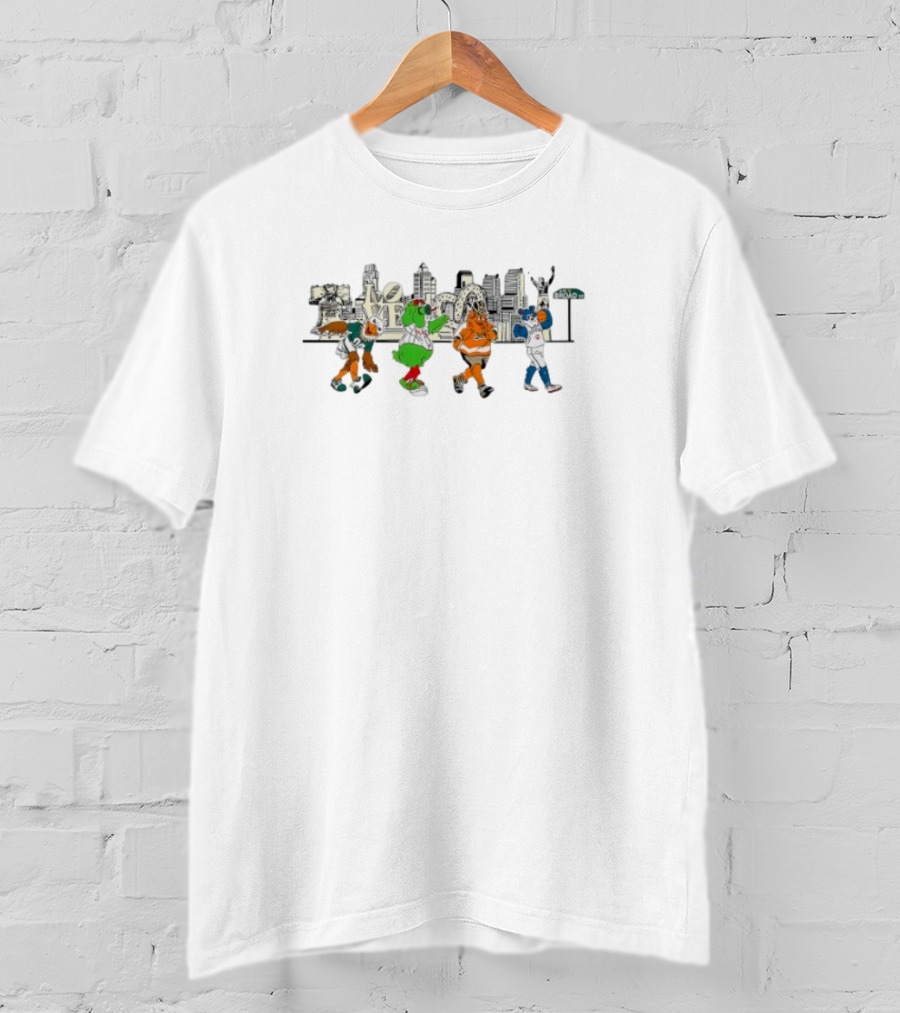 Philadelphia Sports Mascots Walking Across Skyline With Brotherly Love T-Shirt