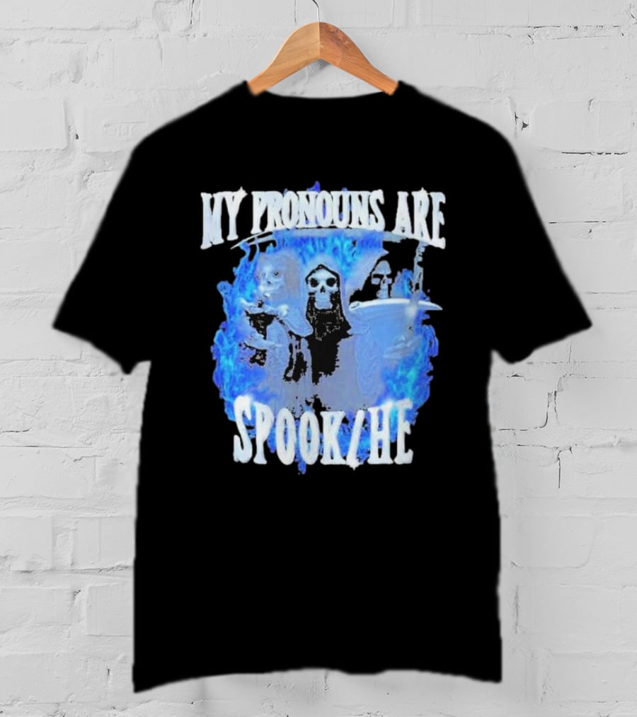 My Pronouns Are Spook He Blue Flames Grim Reaper Trio T-Shirt