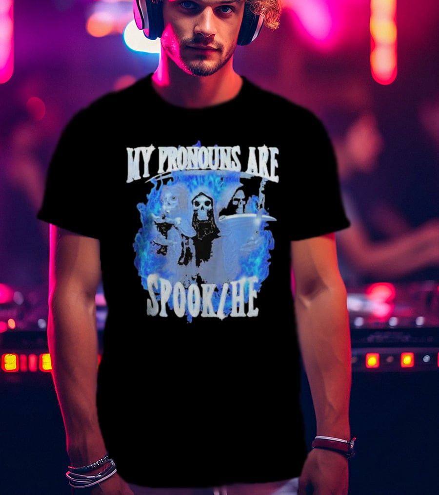 My Pronouns Are Spook He Blue Flames Grim Reaper Trio T-Shirt