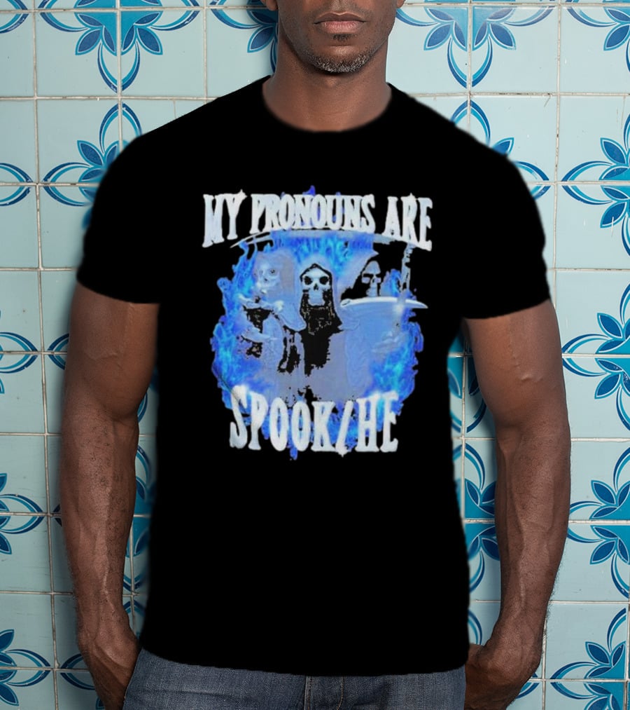 My Pronouns Are Spook He Blue Flames Grim Reaper Trio T-Shirt