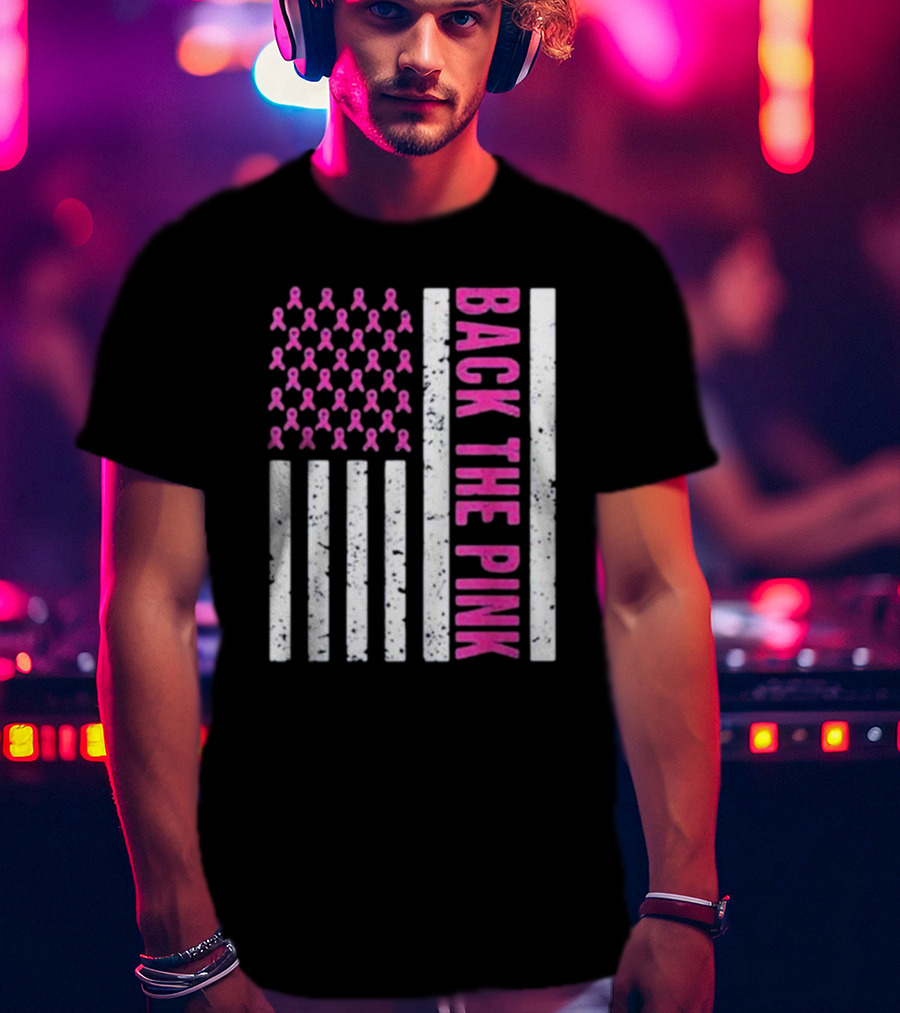 Back The Pink Breast Cancer Awareness American Flag Ribbons T-Shirt
