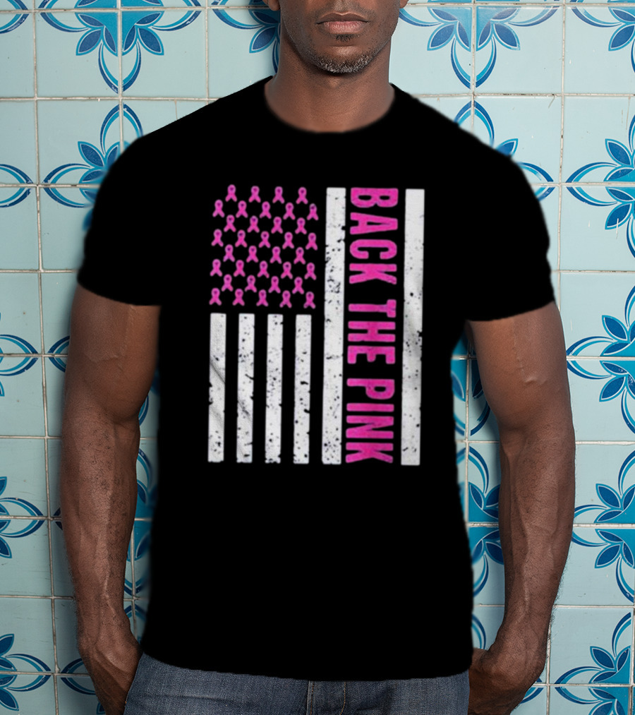 Back The Pink Breast Cancer Awareness American Flag Ribbons T-Shirt