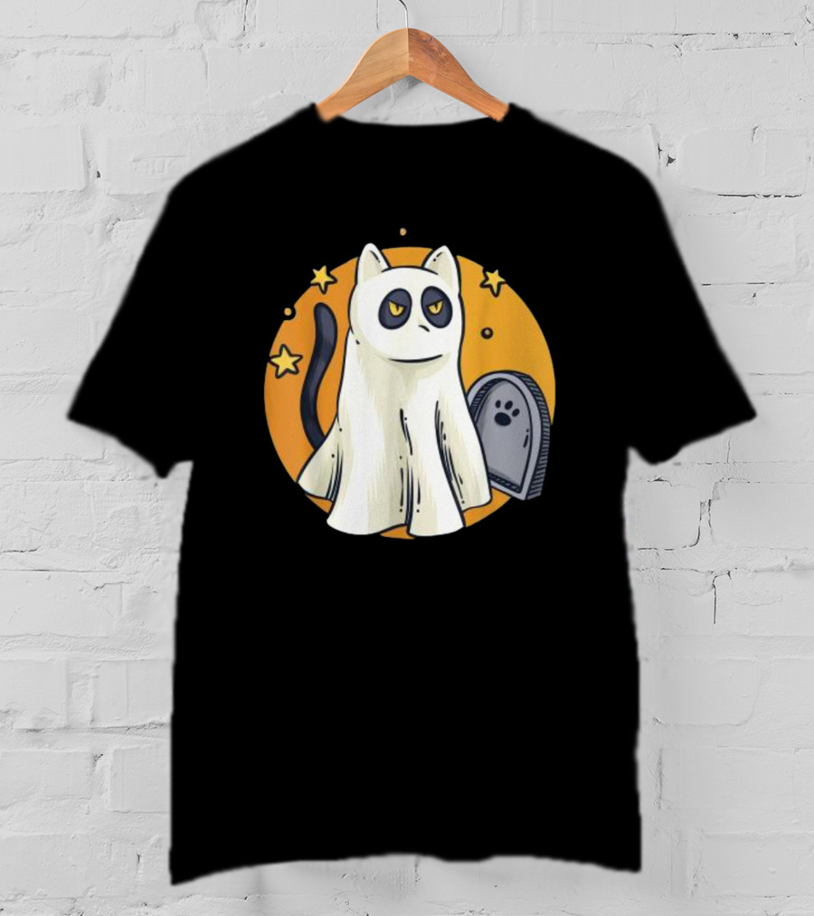 Cute Ghost Cat Halloween Outfit Black Cat With Stars And Tombstone T-Shirt