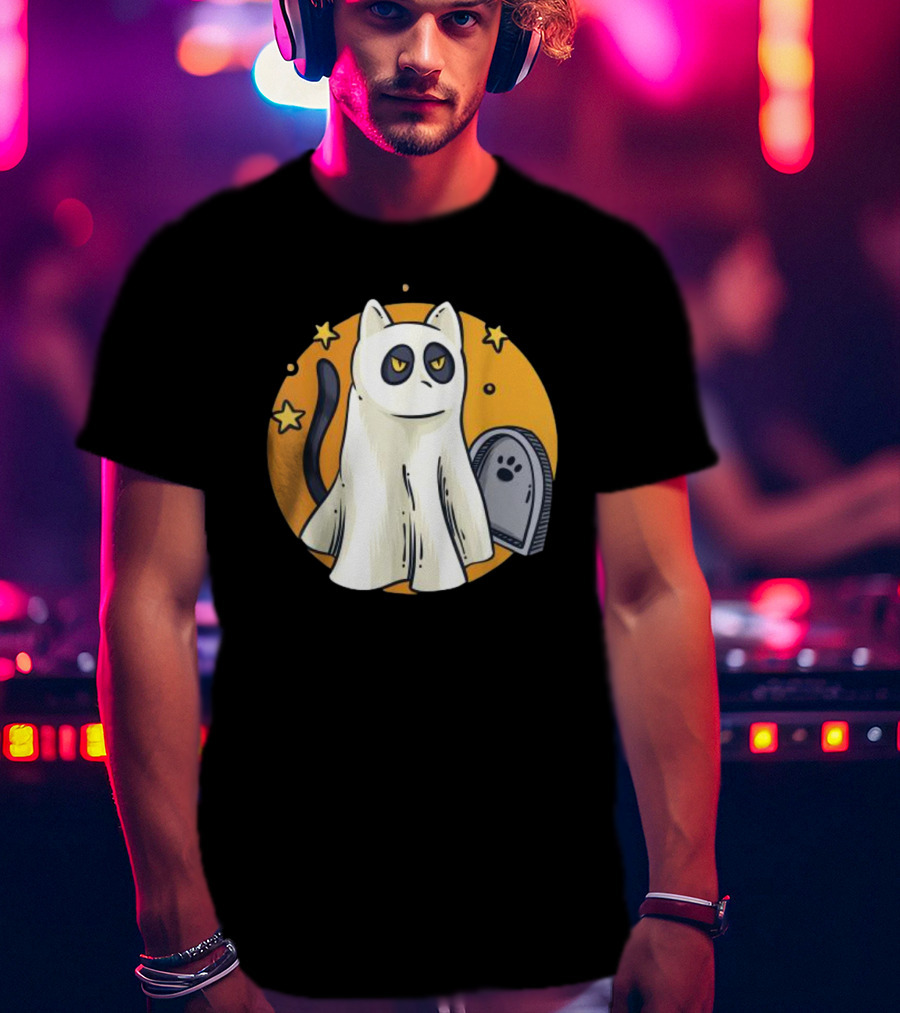 Cute Ghost Cat Halloween Outfit Black Cat With Stars And Tombstone T-Shirt