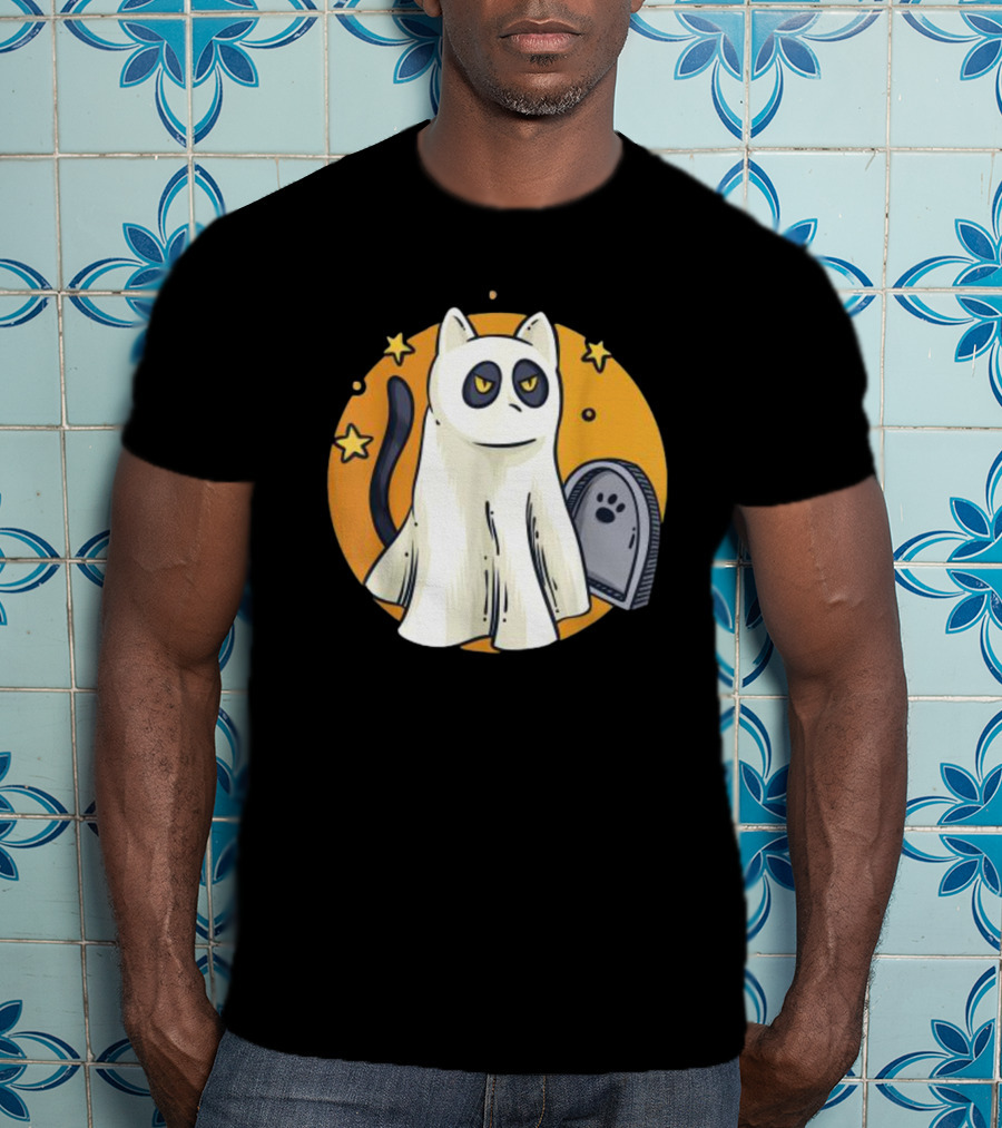 Cute Ghost Cat Halloween Outfit Black Cat With Stars And Tombstone T-Shirt