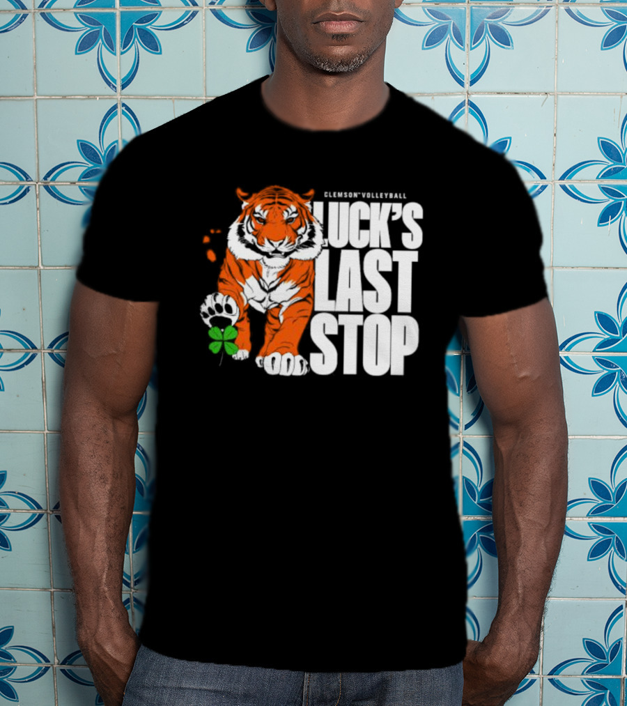 Clemson Volleyball Tiger Luck's Last Stop Tiger Paw With Clover T-Shirt