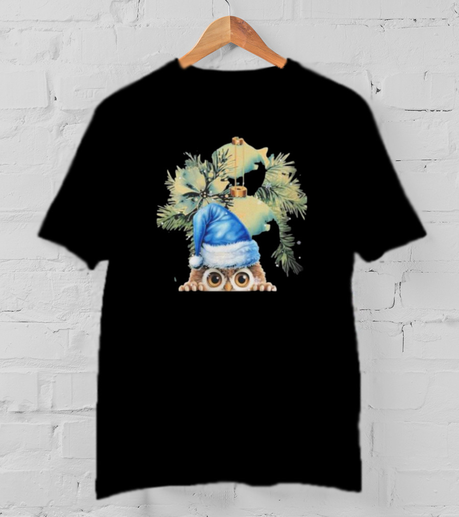 Funny Christmas Owl With Blue Santa Hat And Pine Tree Garland T-Shirt