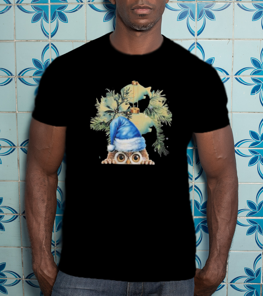 Funny Christmas Owl With Blue Santa Hat And Pine Tree Garland T-Shirt