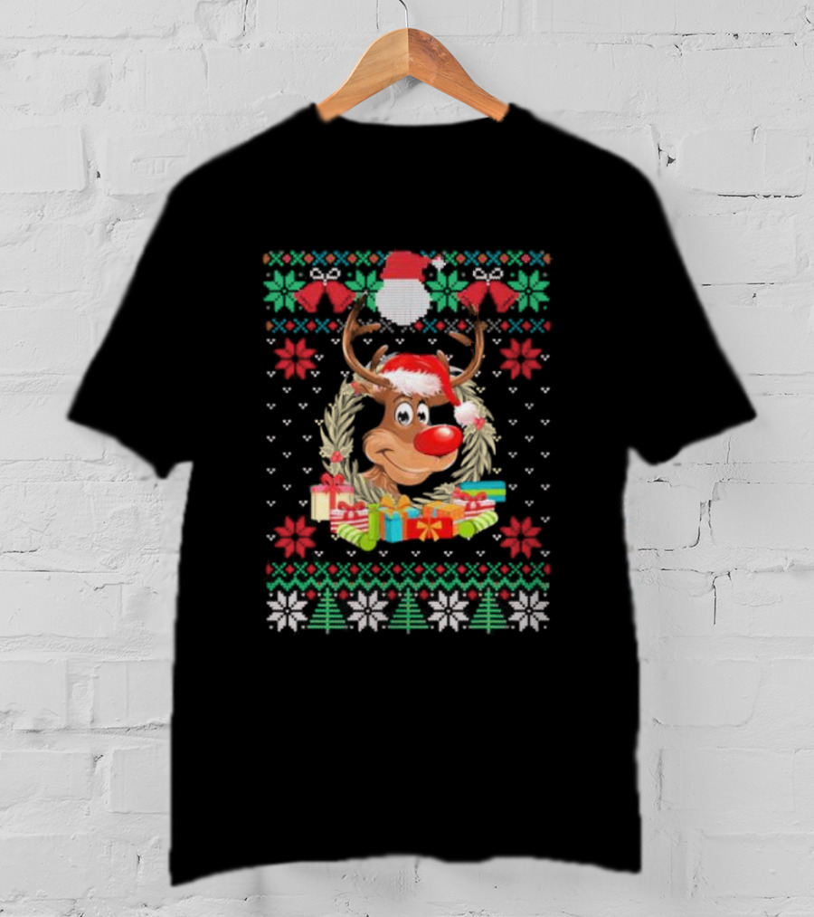 Reindeer Santa Hat Funny Ugly Christmas With Gifts And Snowflakes T-Shirt