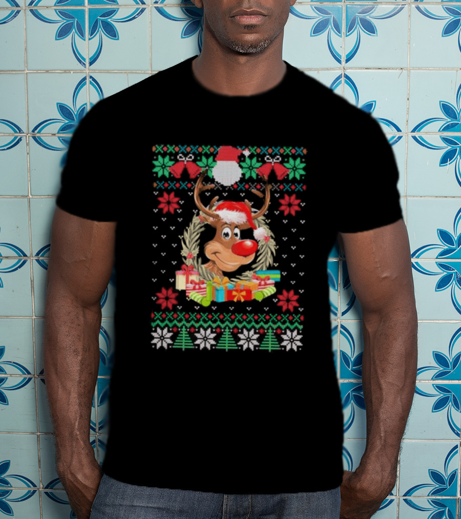 Reindeer Santa Hat Funny Ugly Christmas With Gifts And Snowflakes T-Shirt
