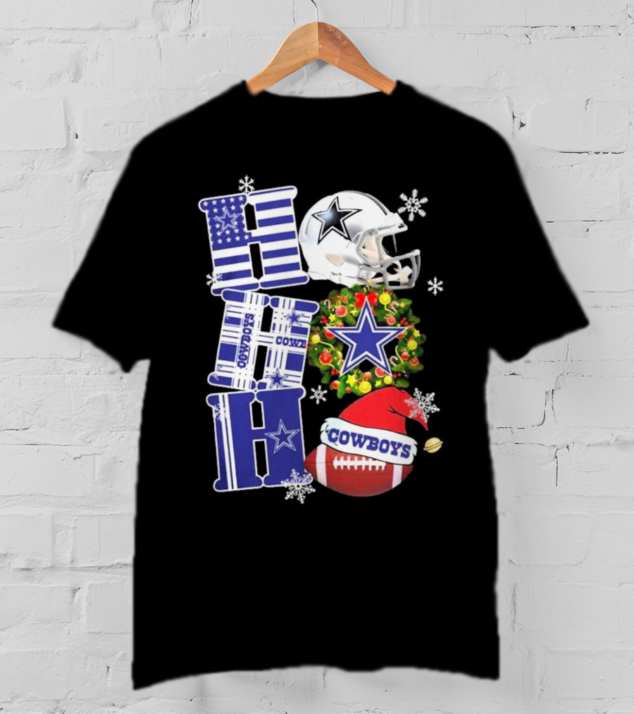 Dallas Cowboys Ho Ho Ho Merry Christmas Football Helmet Wreath Snowflakes T-Shirt