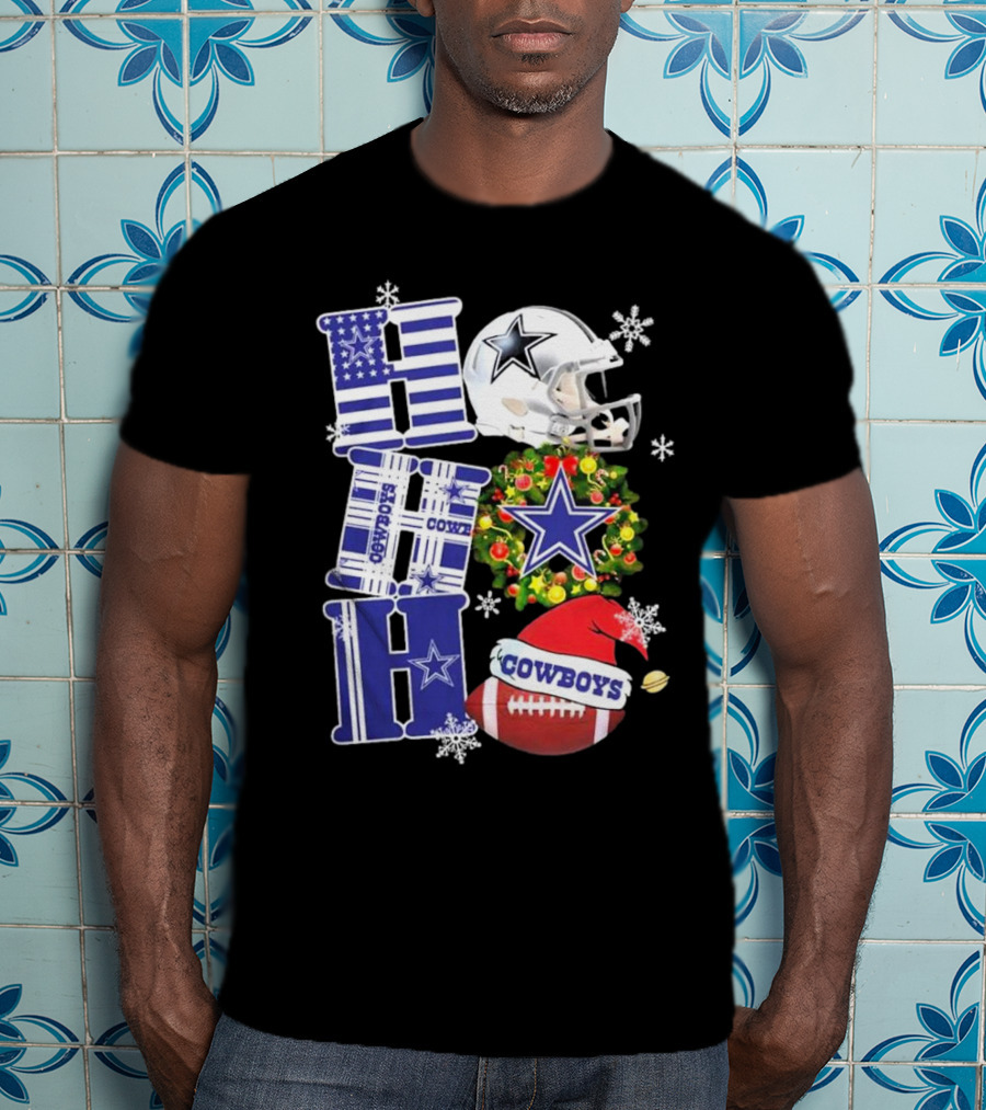 Dallas Cowboys Ho Ho Ho Merry Christmas Football Helmet Wreath Snowflakes T-Shirt