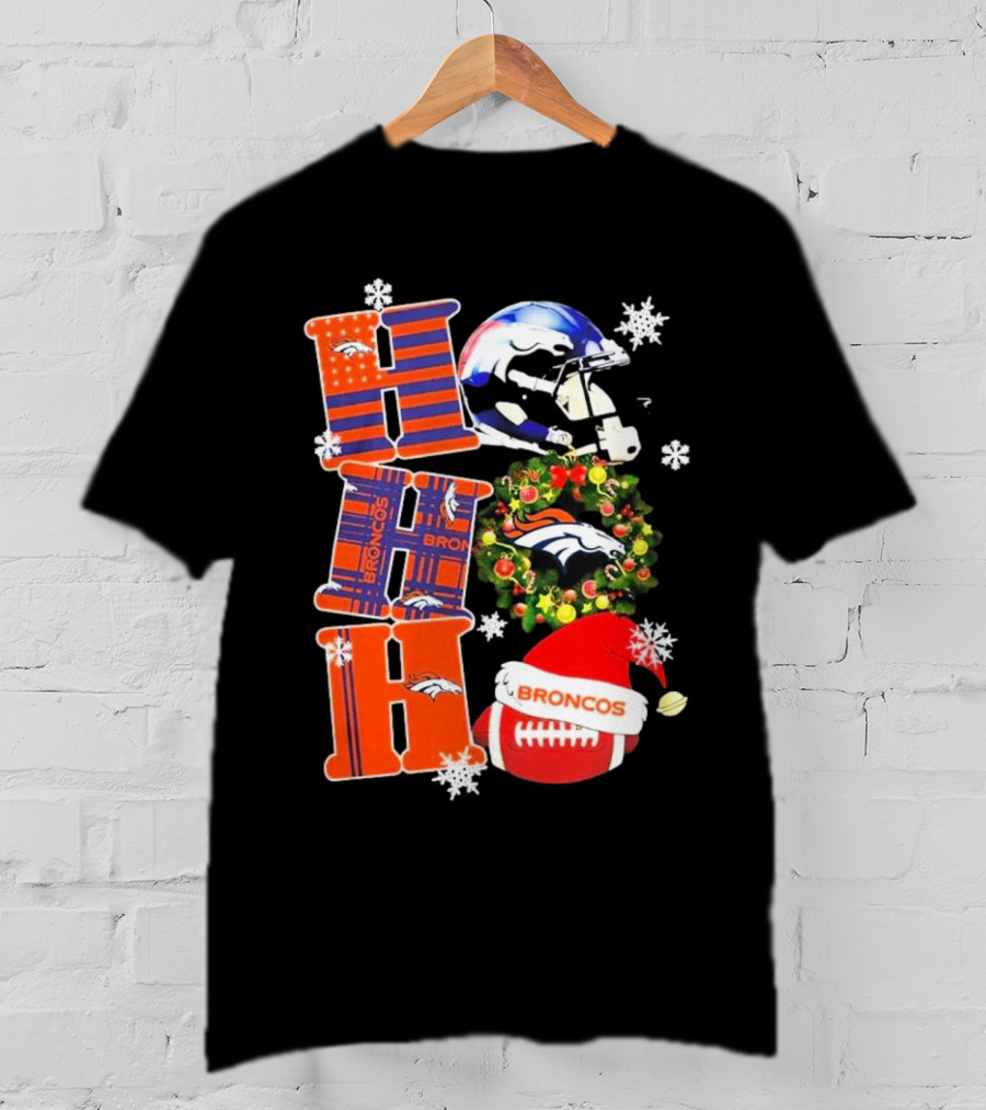 Denver Broncos Ho Ho Ho Merry Christmas Football Helmet Wreath Snowflakes Santa Hat T-Shirt
