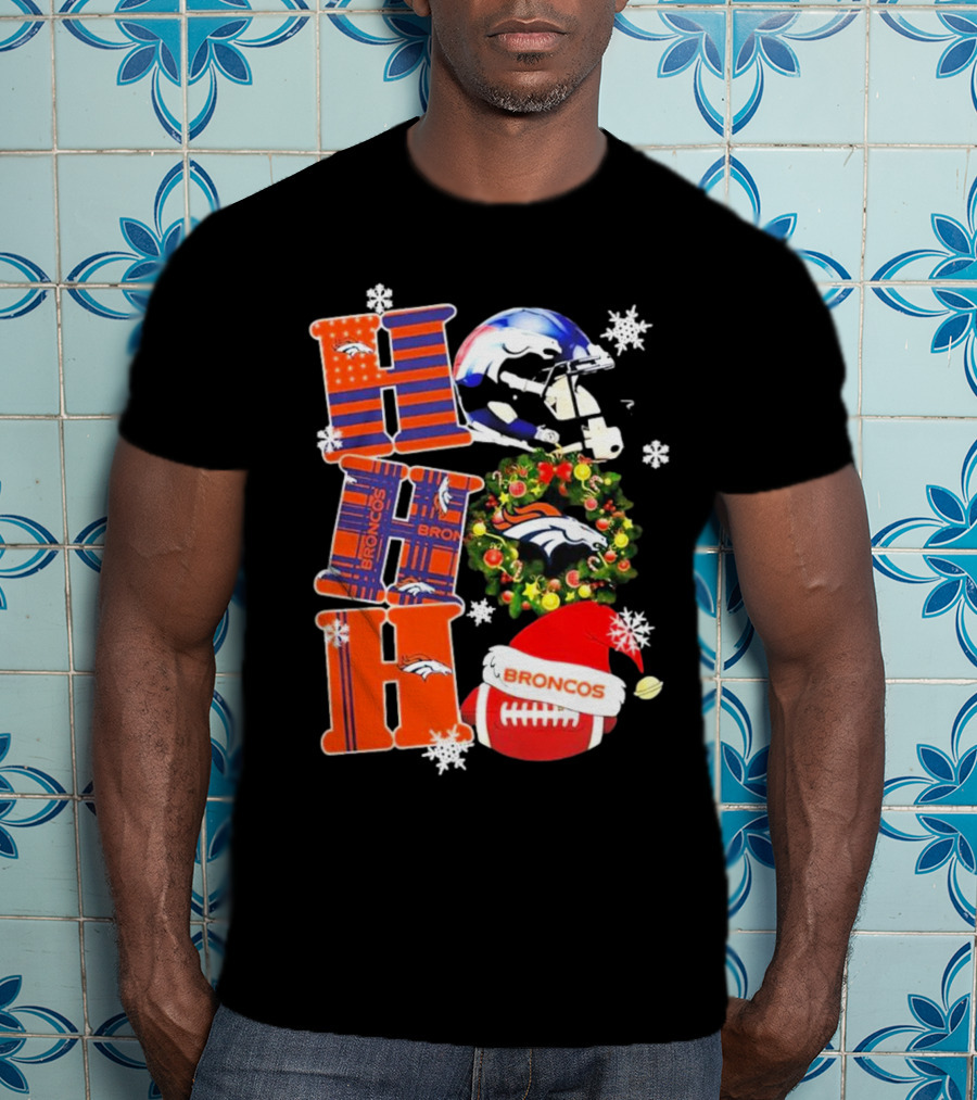 Denver Broncos Ho Ho Ho Merry Christmas Football Helmet Wreath Snowflakes Santa Hat T-Shirt