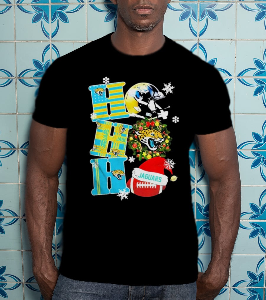 Jacksonville Jaguars Ho Ho Ho Merry Christmas Football Santa Hat Snowflakes Wreath T-Shirt