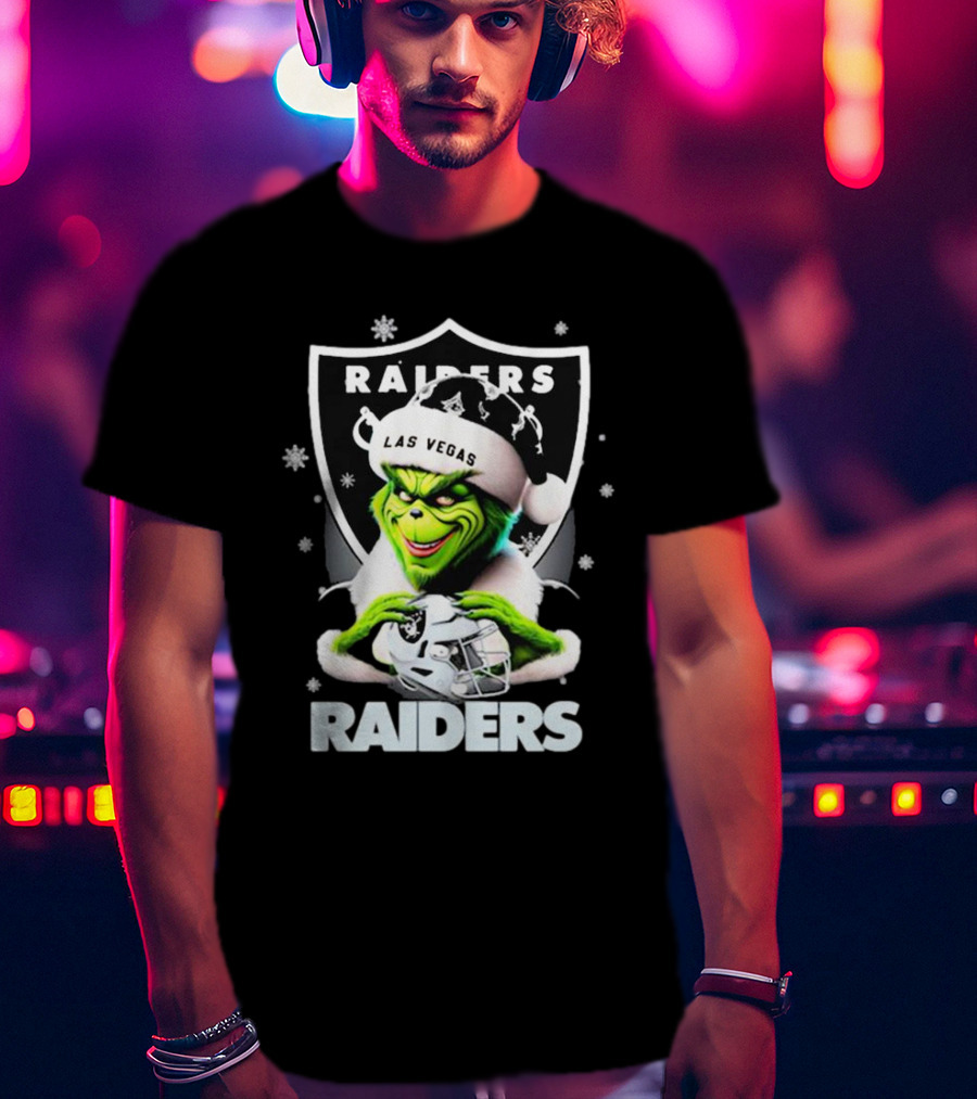 Las Vegas Raiders Grinch Santa Merry Christmas Snowflakes T-Shirt