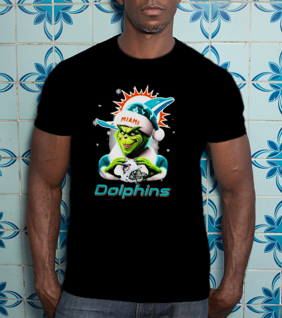 Miami Dolphins Christmas Grinch Santa Hat T-Shirt