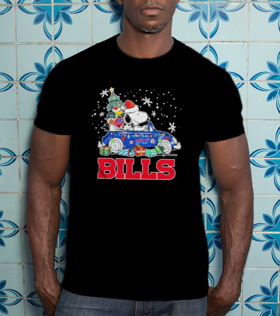 Peanuts Snoopy Woodstock Christmas Car Buffalo Bills Flag Winter Snowflakes T-Shirt