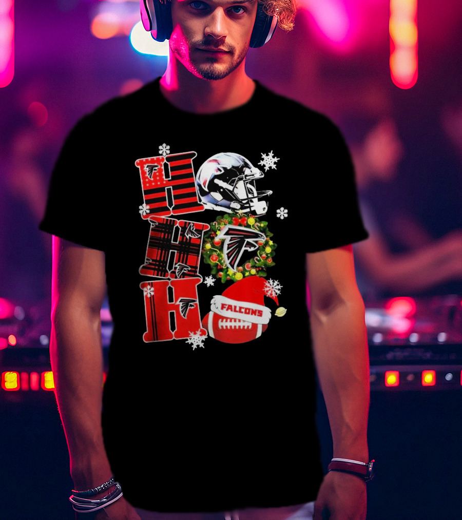 Atlanta Falcons Ho Ho Ho Merry Christmas Helmet Wreath Snowflakes Football Holiday T-Shirt
