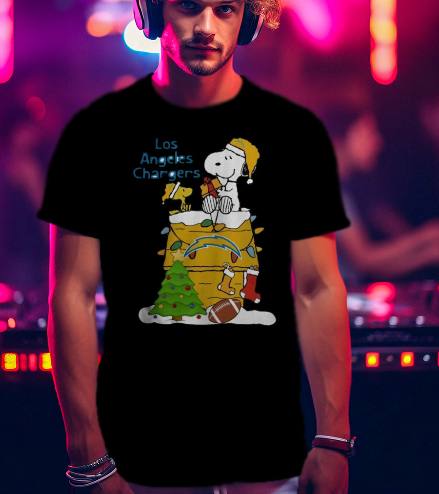 Santa Snoopy Woodstock Los Angeles Chargers Christmas Tree Football Socks T-Shirt