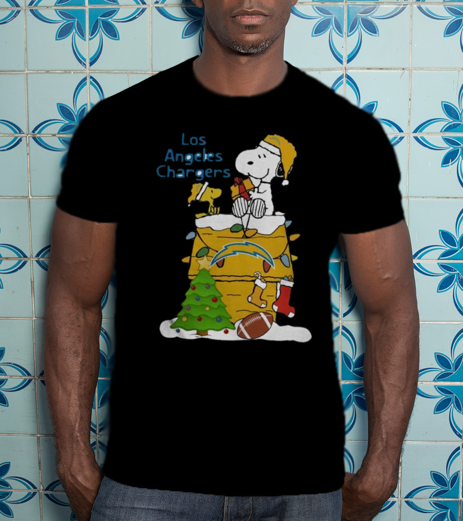 Santa Snoopy Woodstock Los Angeles Chargers Christmas Tree Football Socks T-Shirt