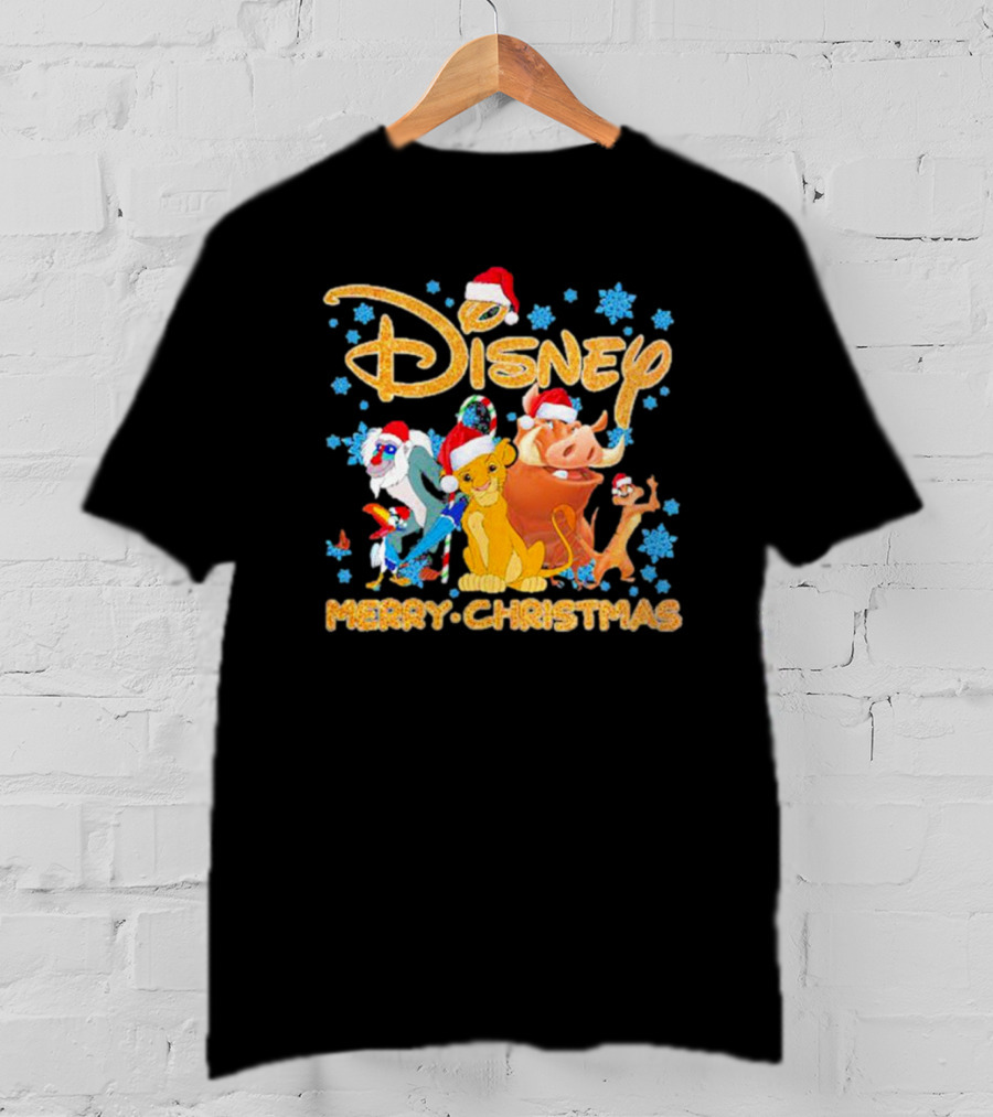 Disney Merry Christmas The Lion King Characters Santa Hats Snowflakes T-Shirt