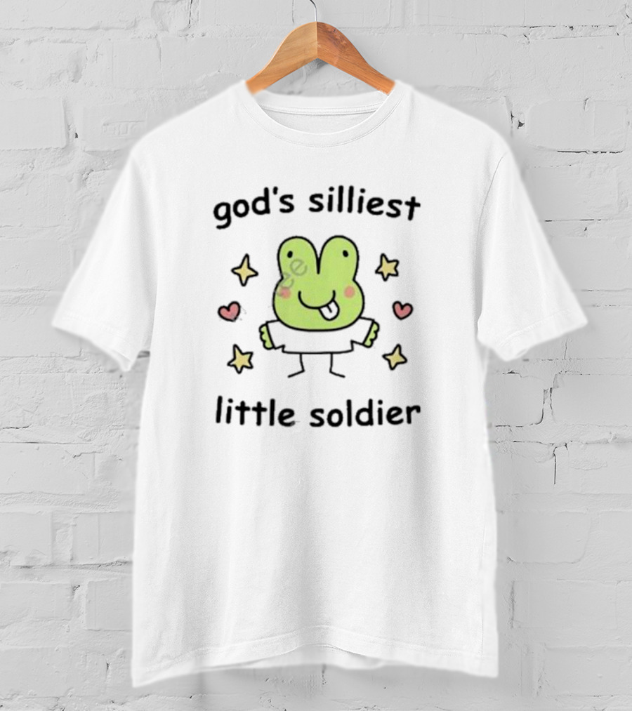 God's Silliest Little Soldier Cute Cartoon Frog With Stars And Hearts T-Shirt