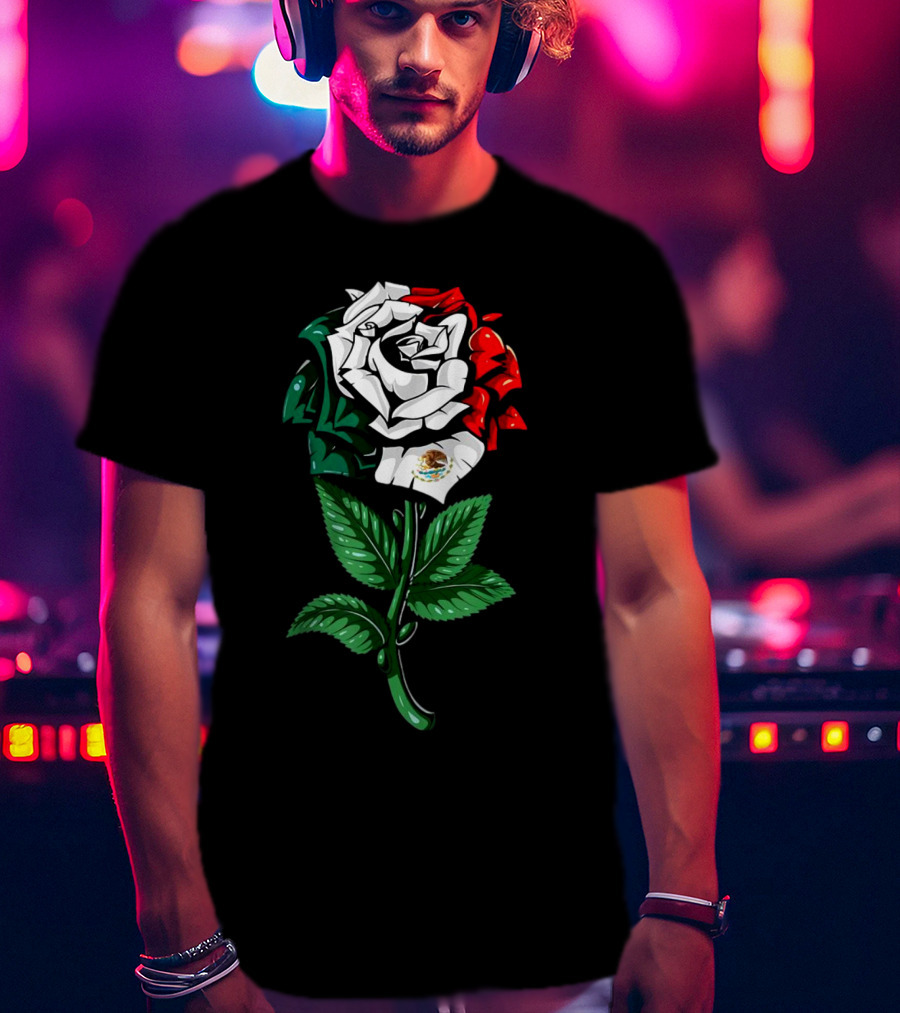 Rose In Colors Of Mexican Flag With Emblem T-Shirt