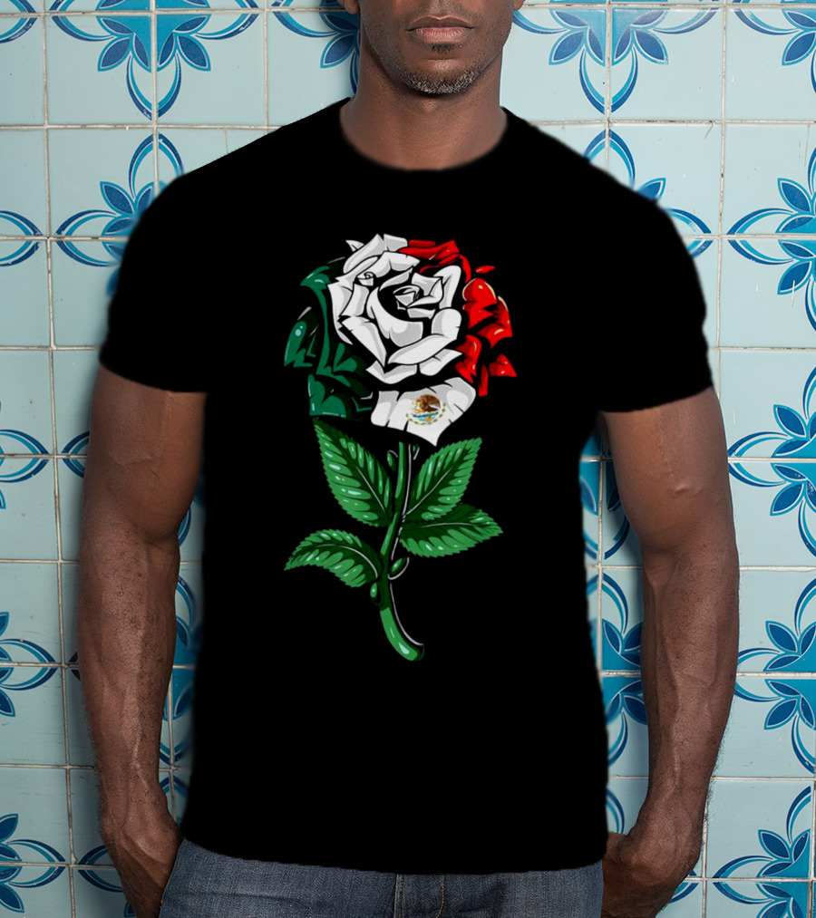 Rose In Colors Of Mexican Flag With Emblem T-Shirt