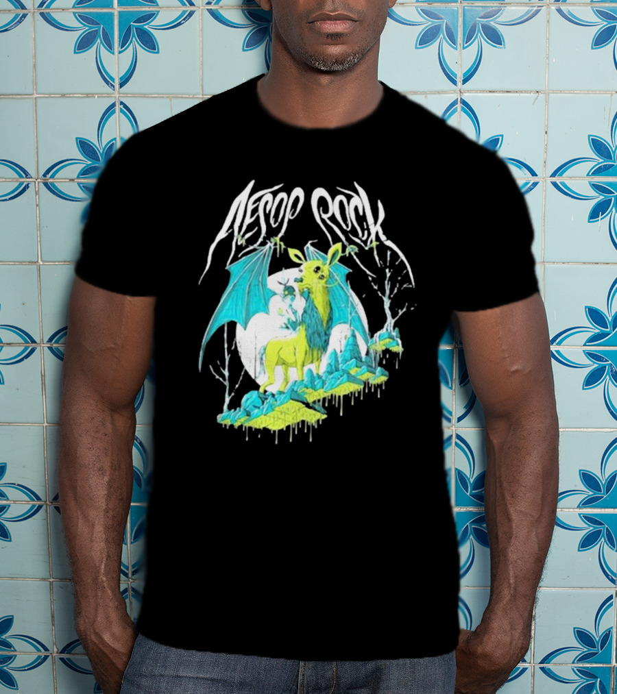 Aesop Rock Mythical Creature With Bat Wings And Moon Background T-Shirt