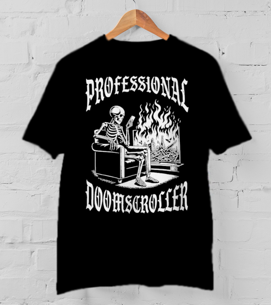 Professional Doomscroller Skeleton By Fireplace T-Shirt