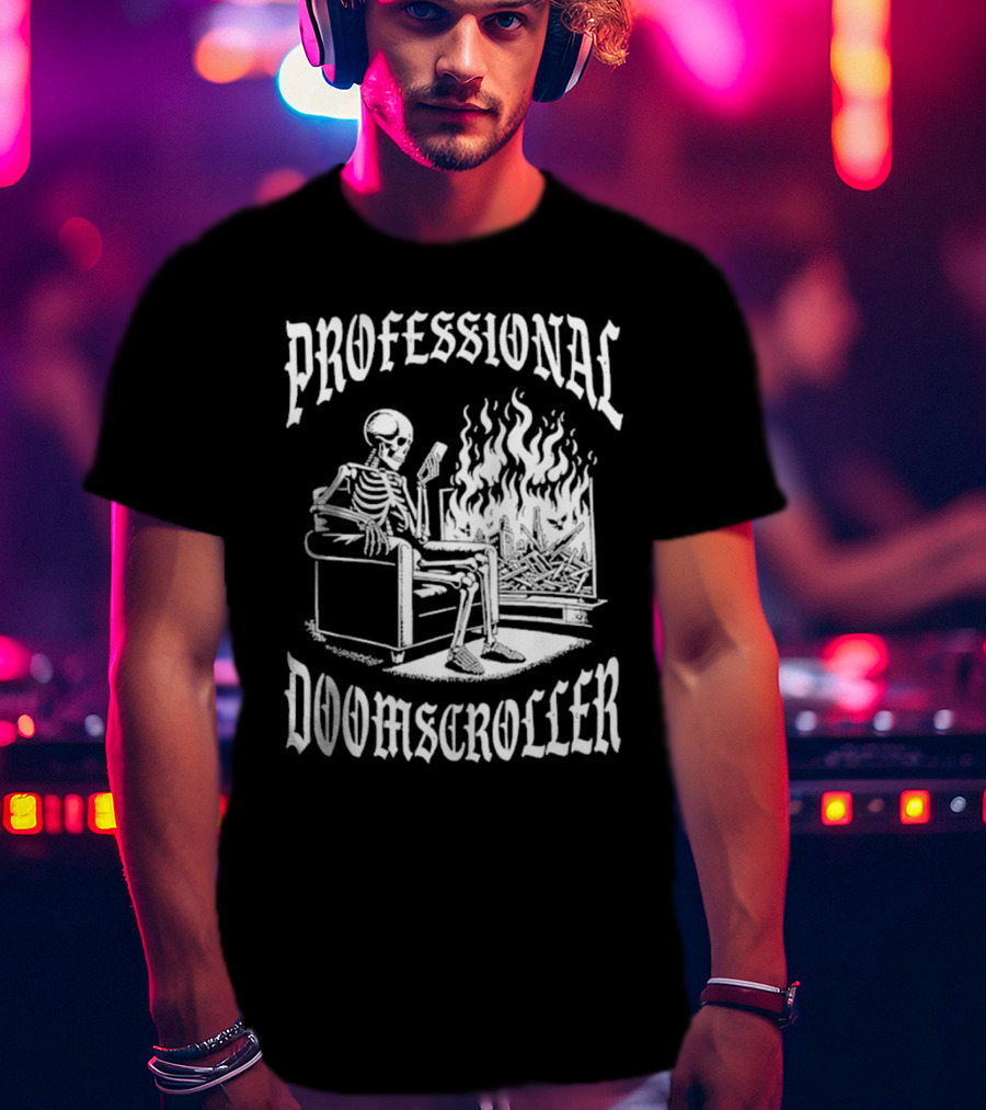 Professional Doomscroller Skeleton By Fireplace T-Shirt