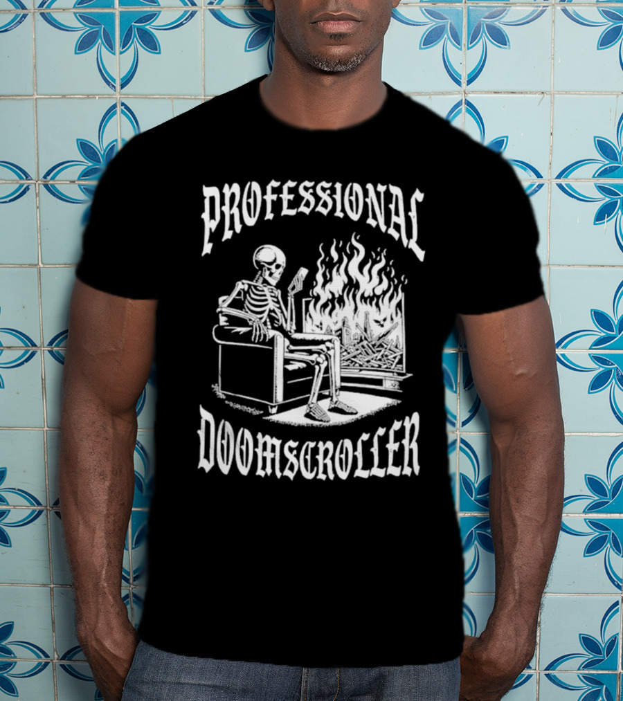 Professional Doomscroller Skeleton By Fireplace T-Shirt