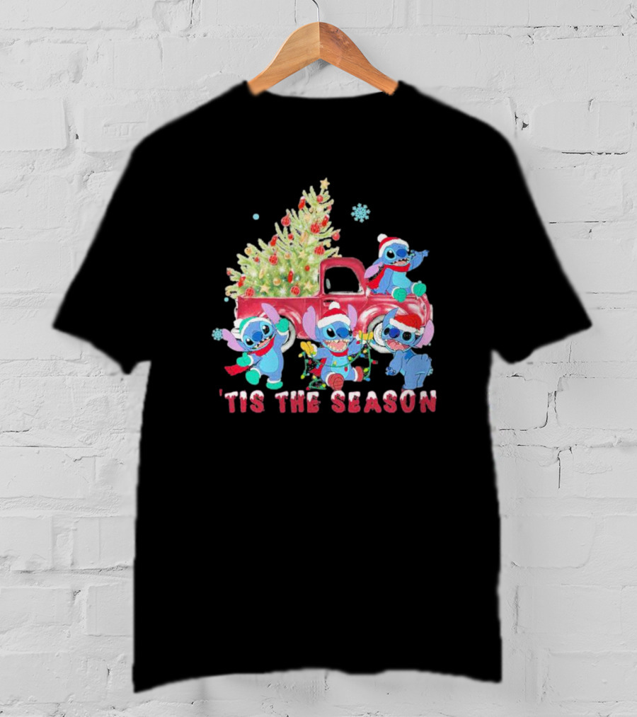 Stitch Tis The Season Christmas Santa Claus With Tree And Truck T-Shirt