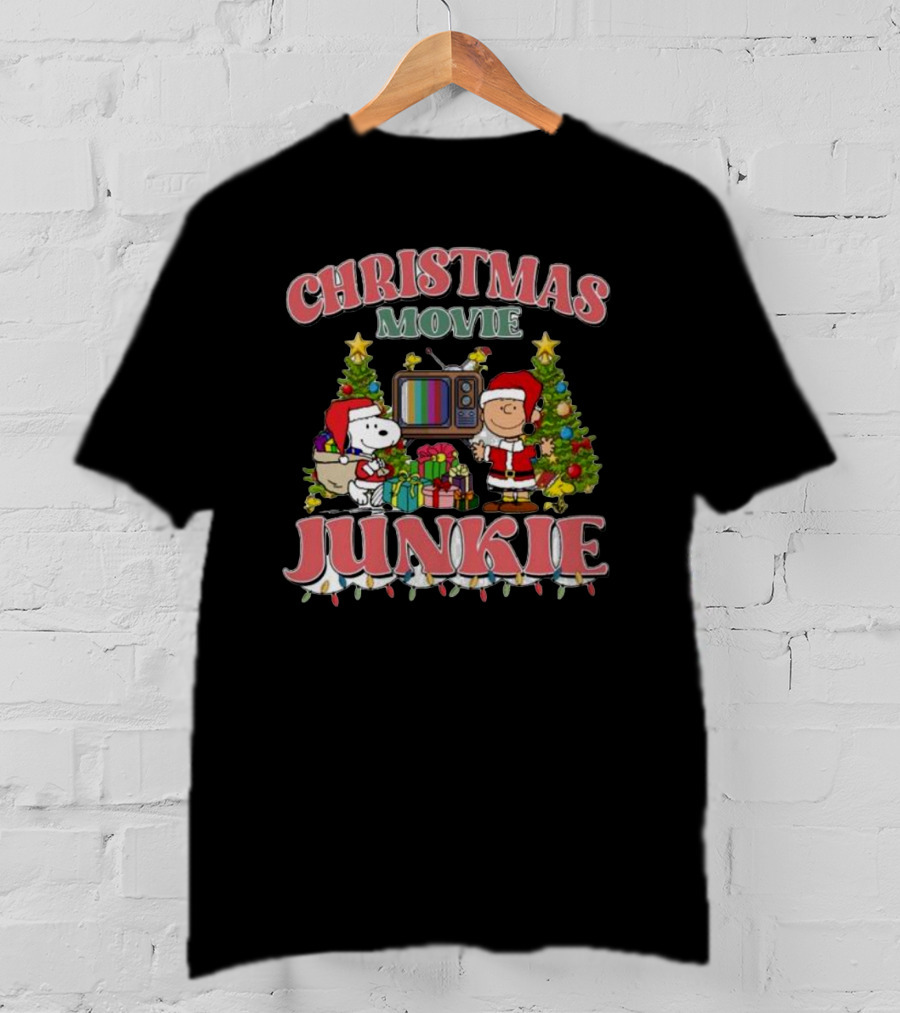 Christmas Movie Junkie Snoopy And Charlie Brown Festive TV Scene T-Shirt