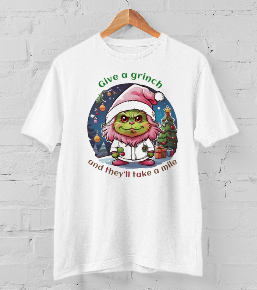 Chibi Pink Grinch Christmas Scene Give A Grinch And They’ll Take A Mile T-Shirt